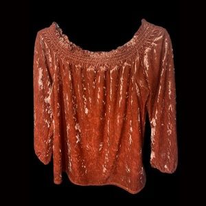 Orange velvet 70s style off the shoulder shirt